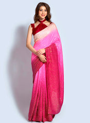 Shaded Pink and Red Sequins Georgette Chinon Party Wear Saree