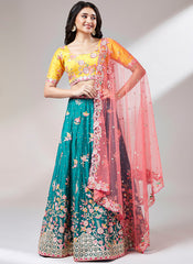 Firozi And Yellow Multi Embroidery Lehenga Choli Set