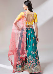 Firozi And Yellow Multi Embroidery Lehenga Choli Set