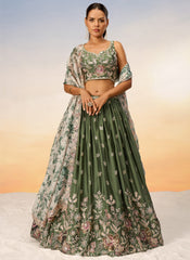 Olive Green Multi Embroidery Bridal Lehenga Choli