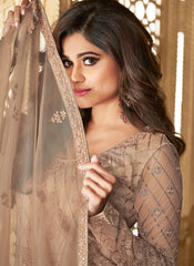 Beige Embroidered Net Anarkali Suit Starring Shamita Shetty