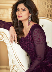 Plum Purple Embroidered Net Anarkali Suit Starring Shamita Shetty
