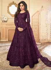 Plum Purple Embroidered Net Anarkali Suit Starring Shamita Shetty