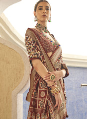 Brown Saree In Superior V.P. Silk With Aqua Finish For Wedding & Party