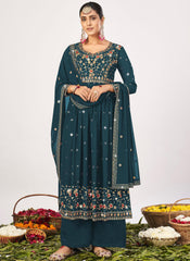 Teal Blue Party Wear Georgette Palazzo Style Suit