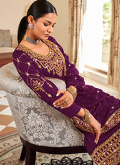 Purple Embroidered Georgette  Straight Cut Suit with palazzo
