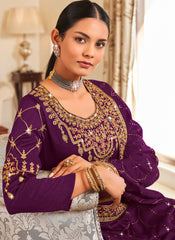 Purple Embroidered Georgette  Straight Cut Suit with palazzo
