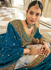 Blue Embroidered Georgette Straight Cut Suit with palazzo