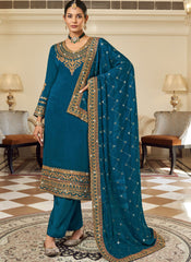 Blue Embroidered Georgette Straight Cut Suit with palazzo