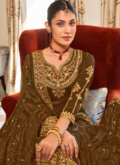 Brown Embroidered Georgette Straight Cut Suit with palazzo