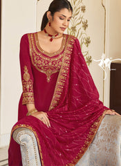 Redish Pink Embroidered Georgette Straight Cut Suit with palazzo