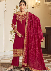 Redish Pink Embroidered Georgette Straight Cut Suit with palazzo