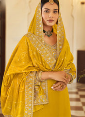 Yellow Embroidered Georgette Straight Cut Suit with palazzo