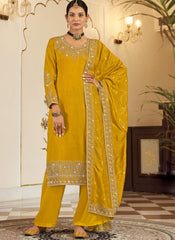 Yellow Embroidered Georgette Straight Cut Suit with palazzo