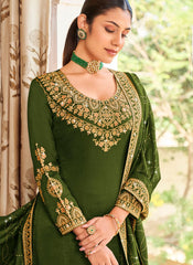 Olive Green Embroidered Semi-Silk Straight Cut Suit with palazzo