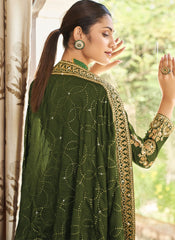 Olive Green Embroidered Semi-Silk Straight Cut Suit with palazzo