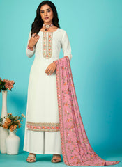White and Pink Georgette Straight Cut Style Suit