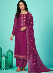 Purple Embroidered Organza Straight Cut Suit