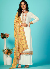 White and Yellow Georgette Straight Cut Style Suit