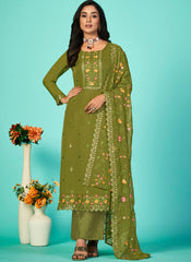 Olive Green Embroidered Organza Straight Cut Style Suit