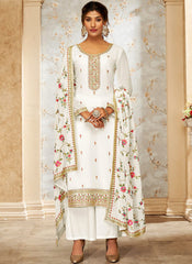 Pearl White Party Wear Georgette Straight Cut Suit