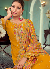 Mustard Yellow Embroidered Georgette Pant Style Suit