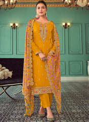 Mustard Yellow Embroidered Georgette Pant Style Suit