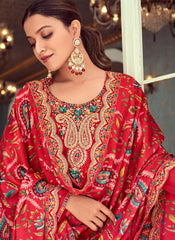 Red Embroidered Georgette Pant Style Suit