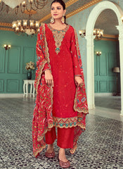 Red Embroidered Georgette Pant Style Suit