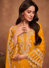 Yellow Embroidered Chinon Pakistani Style Suit