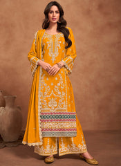 Yellow Embroidered Chinon Pakistani Style Suit