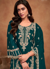 Teal Blue Embroidered Chinon Pakistani Style Suit