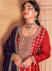Red and Purple Party Wear Chinon Salwar Kameez