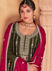 Olive Green and Magenta Party Wear Chinon Salwar Kameez