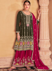Olive Green and Magenta Party Wear Chinon Salwar Kameez