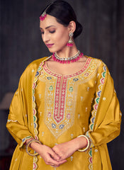 Yellow Embroidered Chinon Salwar Kameez with Lehenga