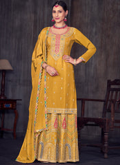 Yellow Embroidered Chinon Salwar Kameez with Lehenga