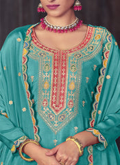 Blue Embroidered Chinon Salwar Kameez with Lehenga