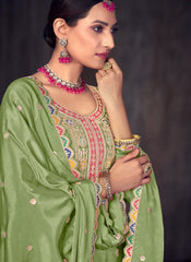 Green Embroidered Chinon Salwar Kameez with Lehenga