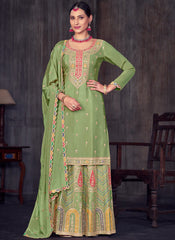 Green Embroidered Chinon Salwar Kameez with Lehenga