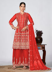 Red Golden Embroidered Chinon Palazzo Suit