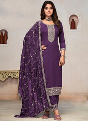 Purple Multi Embroidery Pure Vichithra Fabric Straight Cut Suit