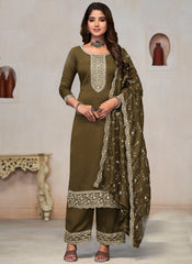 Mehendi Green Multi Embroidery Pure Vichithra Fabric Straight Cut Suit