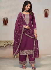 Wine Multi Embroidery Pure Vichithra Fabric Straight Cut Suit