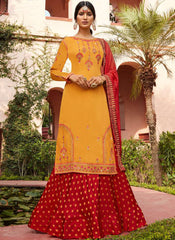 Red and Yellow Georgette Satin Straight Cut Suit with Lehenga