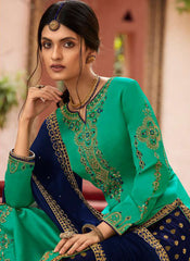 Firozi and Navy Blue Georgette Satin Straight Cut Suit with Lehenga