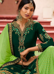 Dark Green and Green Georgette Satin Straight Cut Suit with Lehenga