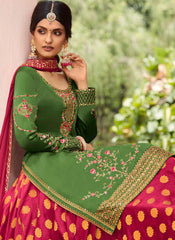 Bottle Green and Maroon Georgette Satin Straight Cut Suit with Lehenga
