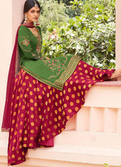 Bottle Green and Maroon Georgette Satin Straight Cut Suit with Lehenga
