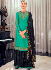 Firozi and Navy Blue Straight Cut Suit with Sharara